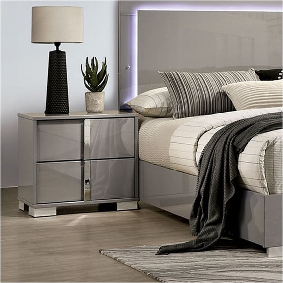 JERFIT Modern Nightstand with 2 Drawers, Light Taupe Bedside Table with Chrome Legs for Bedroom, Contemporary Engineered Wood End Table