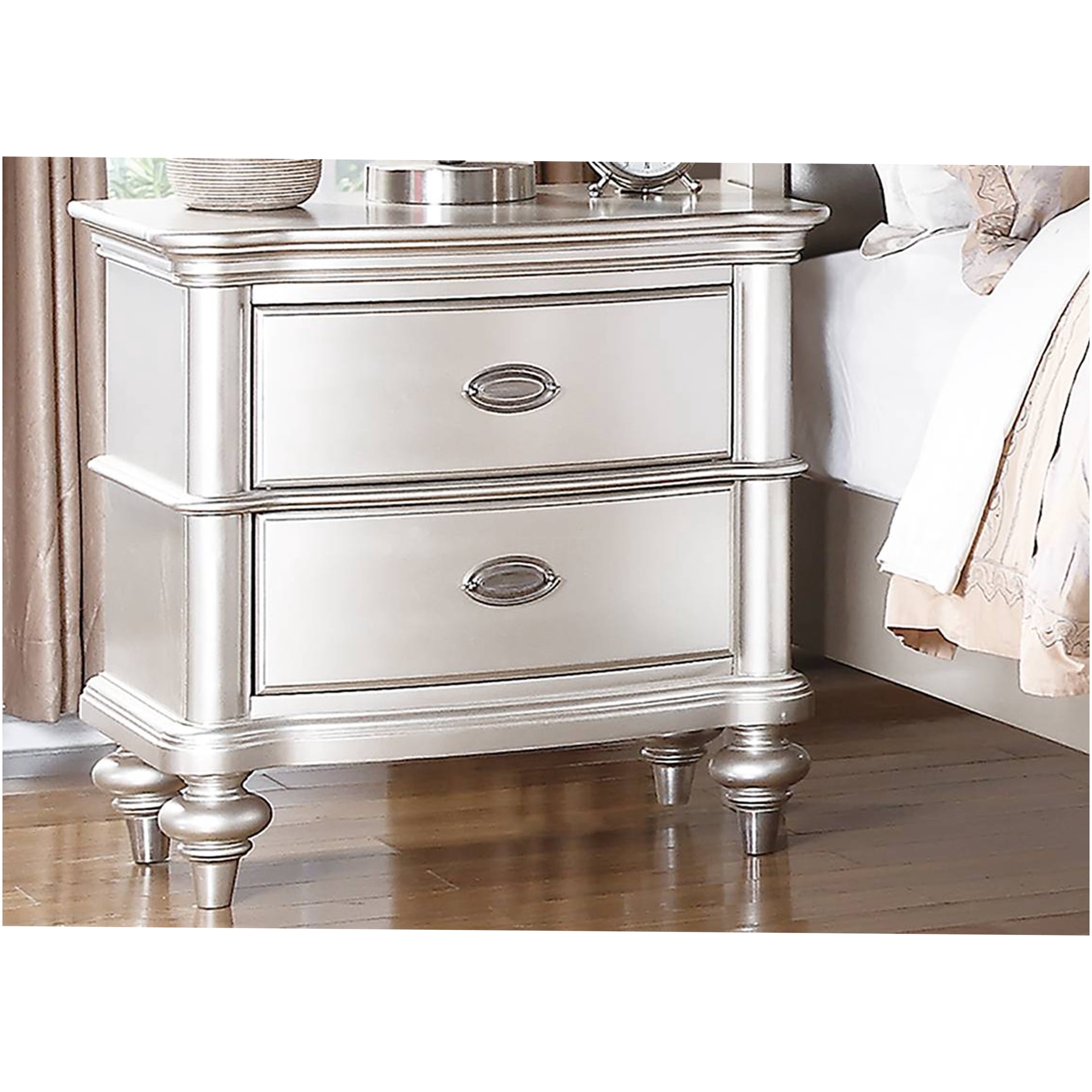 JERFIT Modern Nightstand with 2 Drawers, Silver Grey Solid Wood Bedside ...