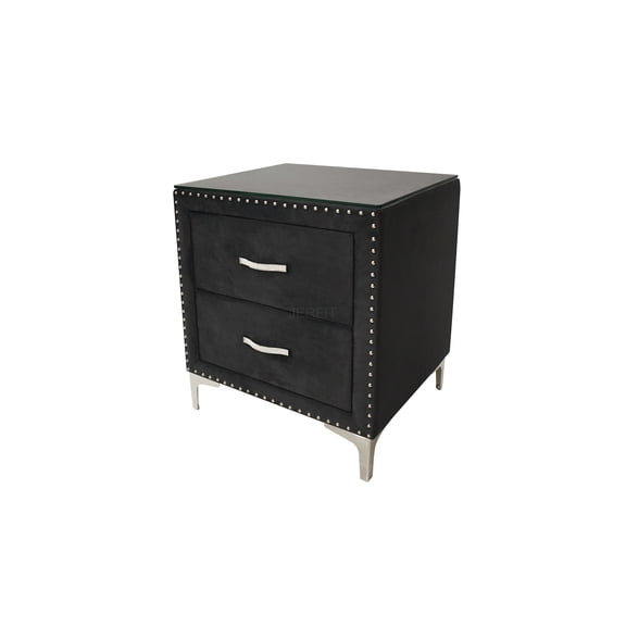 JERFIT Modern Nightstand with 2 Drawers, Upholstered Fabric Bedside Table with Nailhead Trim and Tempered Glass Top for Bedroom, Black