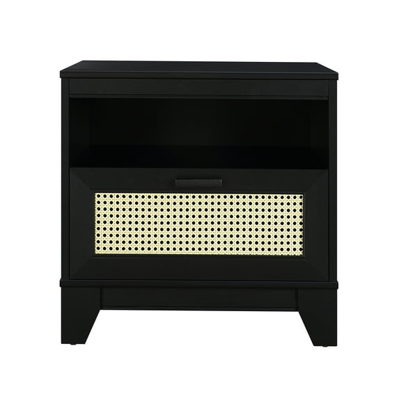 JERFIT Modern Nightstand with Cane Front, 1 Drawer & Open Shelf, Black Accent Bedside Table for Bedroom