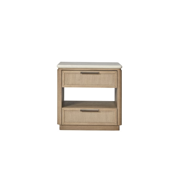 JERFIT Modern Nightstand with Charging Station, 2-Drawer Beige Bedside Table with Stone Top, Rope Design, Soft-Close Drawers for Bedroom