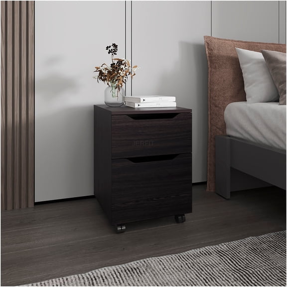 JERFIT Modern Nightstand with Door & Drawer, Mobile Rolling Bedside Table with Casters, Compact Storage Cabinet for Small Spaces, Brown Wengue Finish