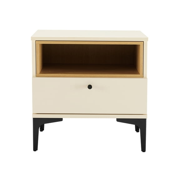 JERFIT Modern Nightstand with Drawer, 20 Inch Cream Bedside Table with Open Shelf, Light Oak Finish Accent Table for Bedroom, Living Room