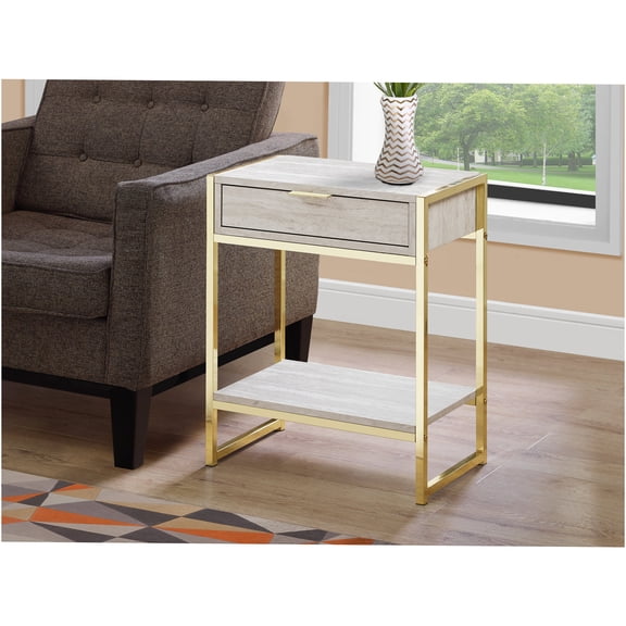 JERFIT Modern Nightstand with Drawer, Beige Marble End Table with Gold Metal Base, Accent Table with Storage Shelf for Living Room, Bedroom