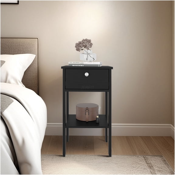 JERFIT Modern Nightstand with Drawer & Open Shelf, Compact Bedside Table in Wenge Finish for Small Spaces