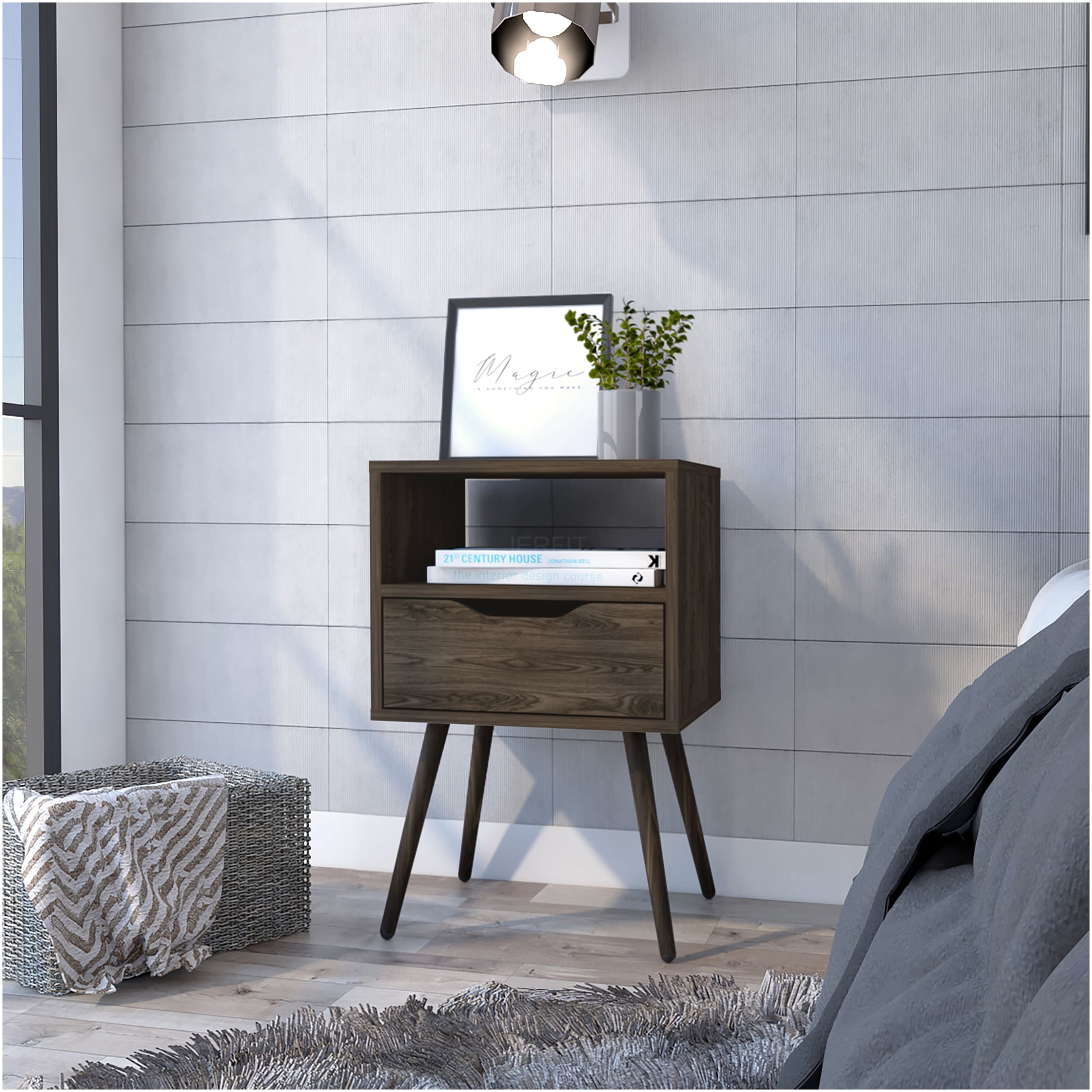 JERFIT Modern Nightstand with Drawer & Shelf, Tall Bedside Table with ...