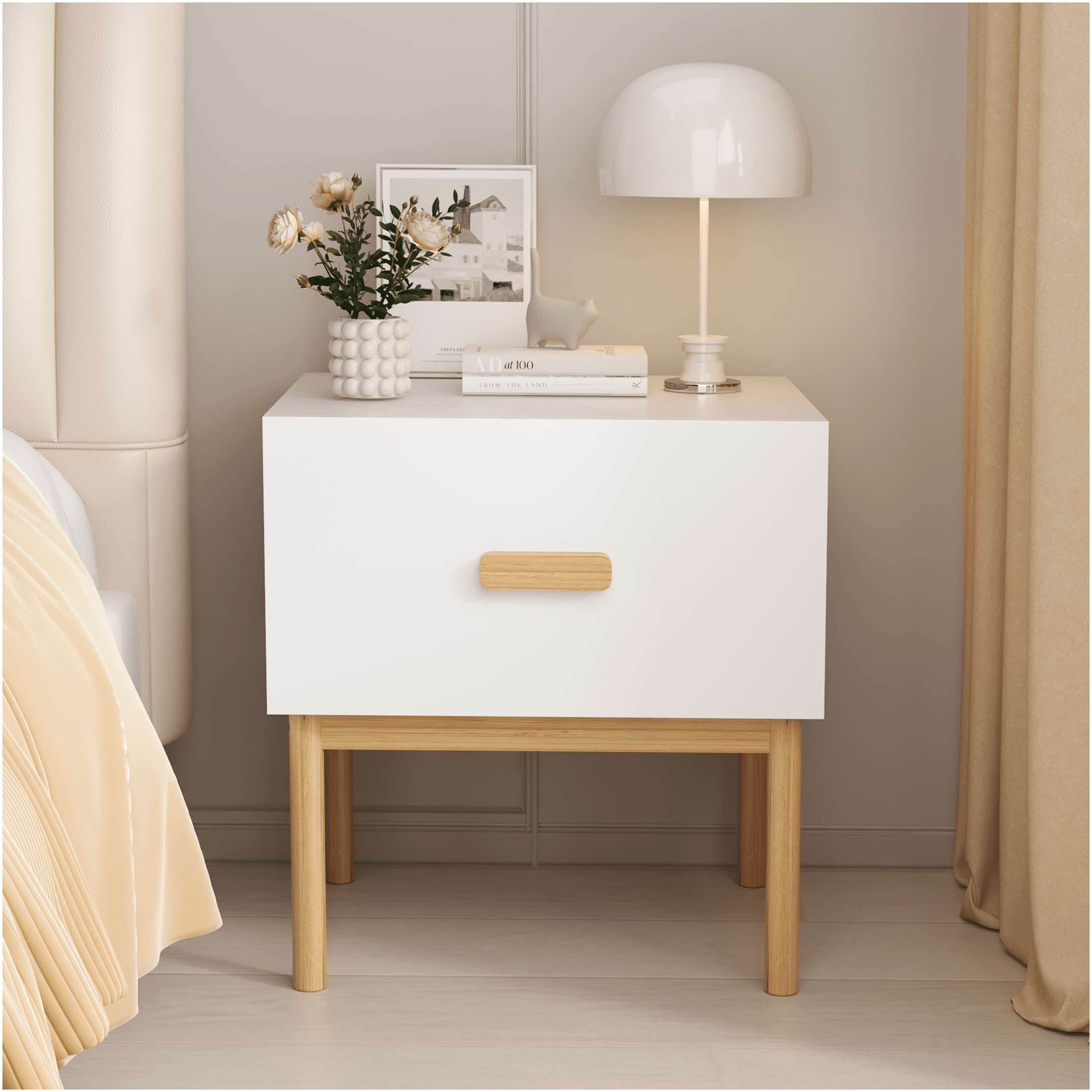 JERFIT Modern Nightstand with Drawer, White Bedside Table with Wood ...
