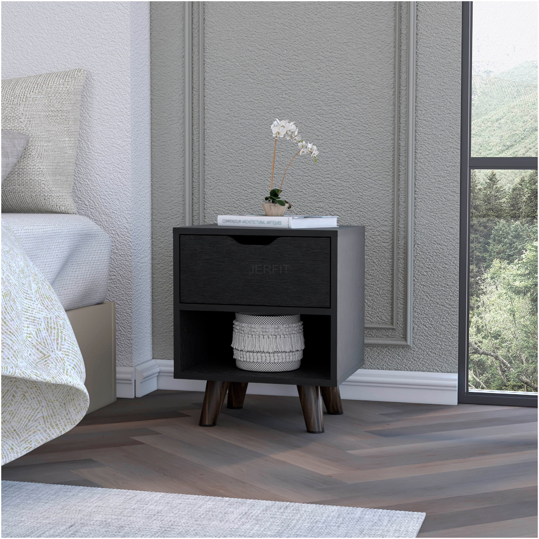 JERFIT Modern Nightstand with Drawer and Open Shelf, Black Wood Bedside ...