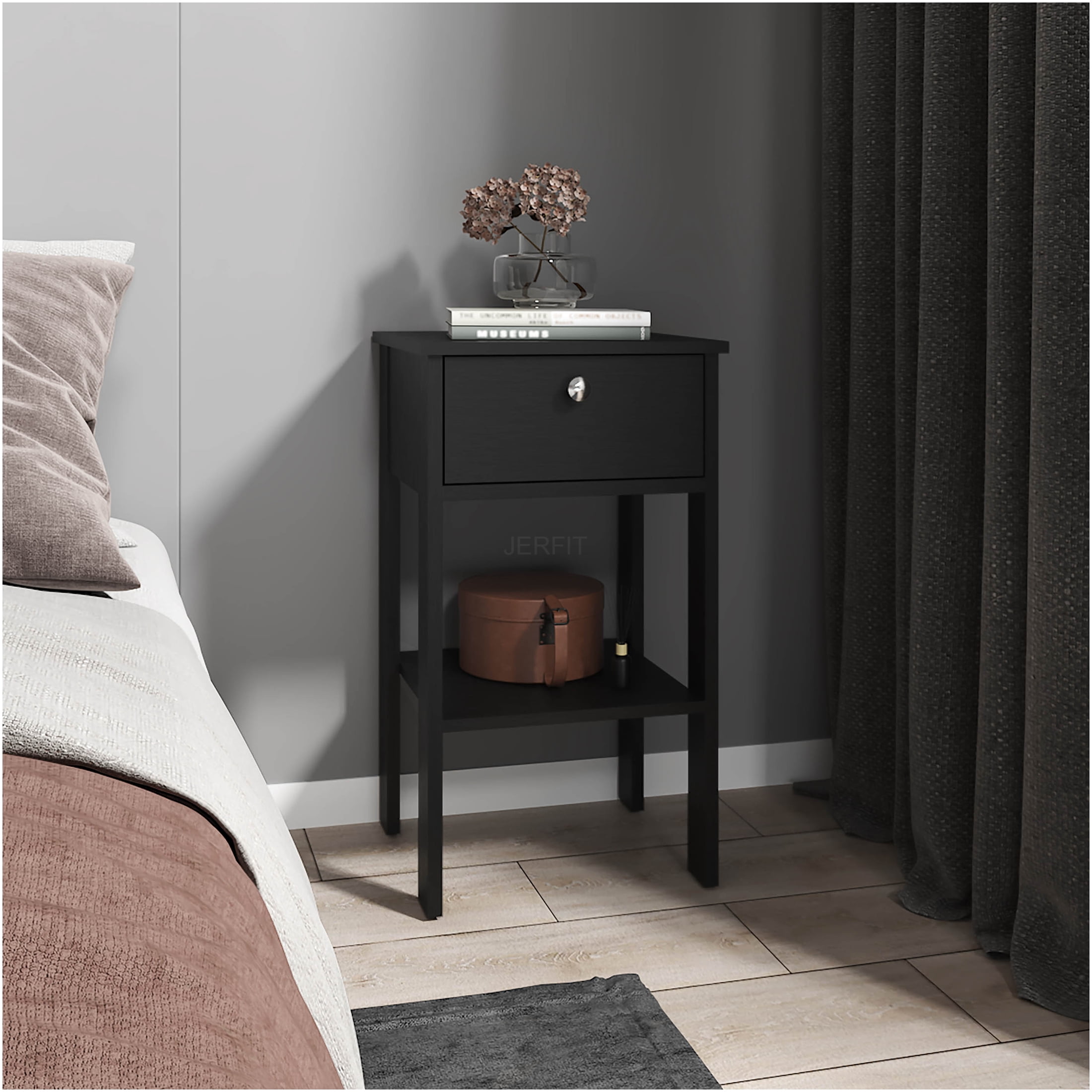 JERFIT Modern Nightstand with Drawer and Shelf, Black Bedside Table for ...