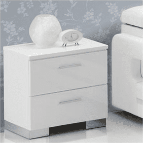 JERFIT Modern Nightstand with Drawers, White High-Gloss Finish and Chrome Metal Legs, Minimalist Bedside Table for Bedroom