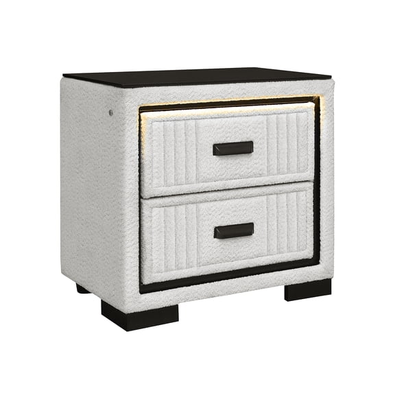 JERFIT Modern Nightstand with LED Light, Upholstered White and Black Bedside Table with 2 Spacious Drawers, Contemporary Bedroom Storage