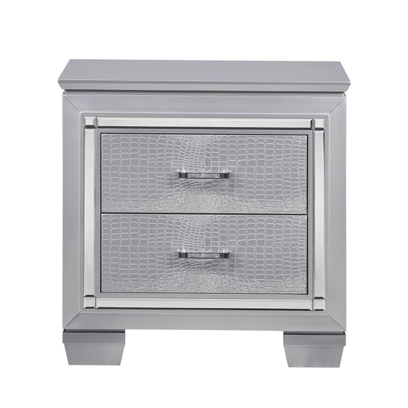 JERFIT Modern Nightstand with LED Lights, 2 Faux Alligator Embossed Drawers, Silver Finish, No Assembly Required Bedside Table