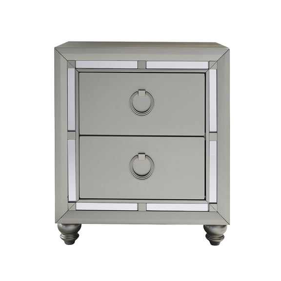 JERFIT Modern Nightstand with Mirror Accents, Silver Gray Bedside Table with Spacious Drawer, Solid Wood & MDF Bedroom Furniture