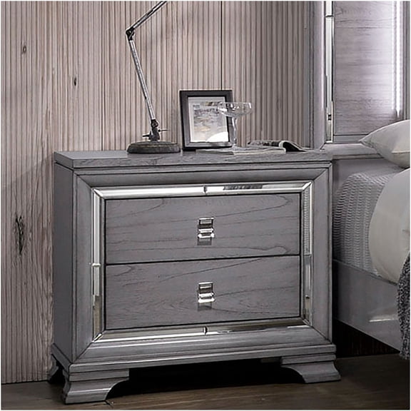 JERFIT Modern Nightstand with Mirror Trim, Light Gray Bedside Table with 2 Dovetail Drawers, Acrylic Pulls for Bedroom