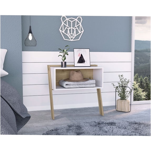 JERFIT Modern Nightstand with Shelf, 2-Tier End Table with Large Storage Surface, Light Oak & White Multicolor Finish, for Bedroom, Living Room