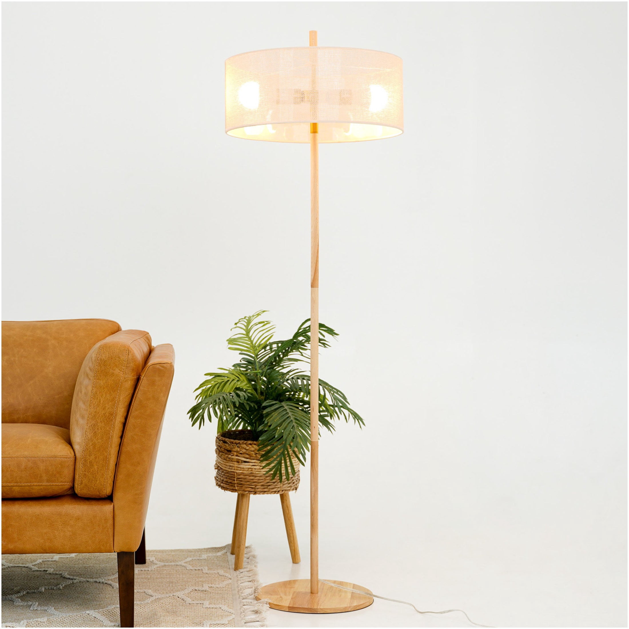 JERFIT Modern Oak Wood Floor Lamp with Upward Shade for Ambient Living Room and Bedroom Lighting