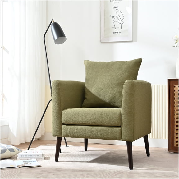 JERFIT Modern Olive Green Fleece Accent Chair with Pillow, Mid Century Upholstered Armchair for Living Room, Bedroom, Office, Reading Lounge Chair with Wooden Legs