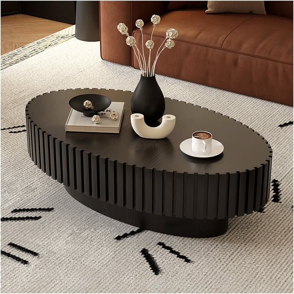 JERFIT Modern Olive Shape Coffee Table for Living Room, Handcrafted Solid Wood & MDF Base Sofa Table with Relief Design, Industrial Accent Tea Table, Black
