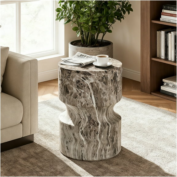 JERFIT Modern Outdoor Side Table, Marble Accent Table for Patio Garden, Round MGO Drum Stool, Waterproof End Table for Indoor Outdoor Use, Faux Stone Stump Decor