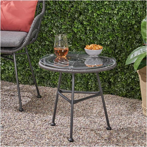 JERFIT Modern Outdoor Side Table with Tempered Glass Top, Grey Faux Rattan End Table for Patio, Balcony, Porch, Garden & Deck Decor