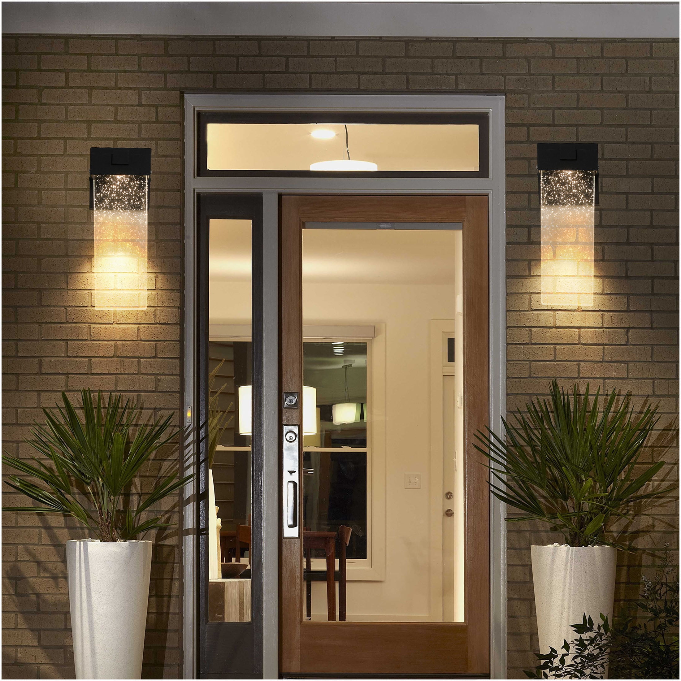 JERFIT Modern Outdoor Wall Lantern with Crystal Glass, 2-Pack Black LED Sconce Light with Dusk to Dawn Sensor, Waterproof for Porch Garage Entryway