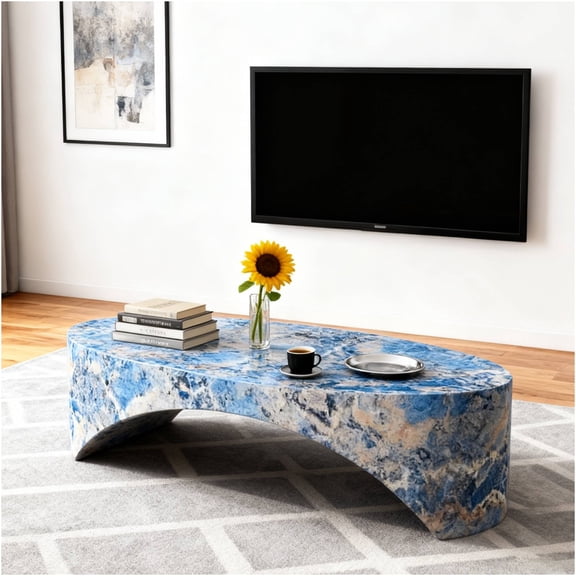 JERFIT Modern Oval Blue Fiberglass Coffee Table for Living Room, Small Center Table with Polished Surface, Accent End Table for Office