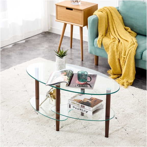 JERFIT Modern Oval Coffee Table with Tempered Glass Top and Oak Wood Legs, Transparent Brown Cocktail Table for Living Room, Sofa Table with 3-Tier Design, 220lb Capacity