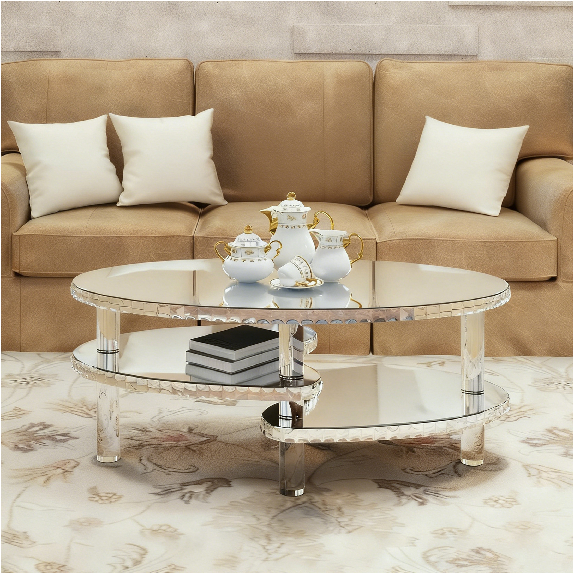 JERFIT Modern Oval Coffee Table with Double Layer Glass Top and Crystal ...