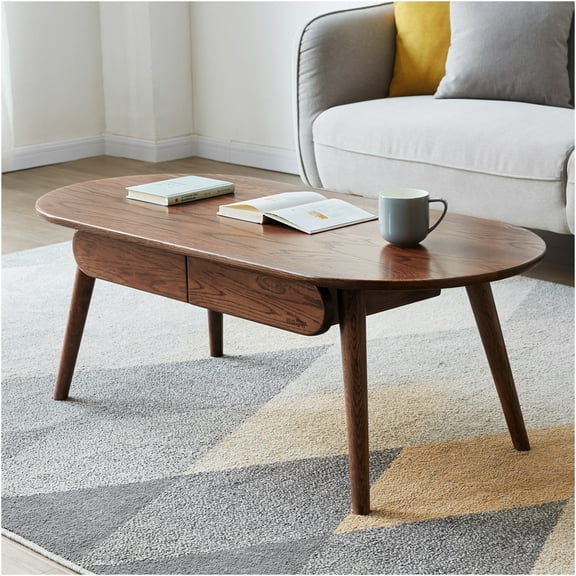JERFIT Modern Oval Coffee Table with Drawers, 100% Solid Oak Wood, Walnut Finish, Sofa Table with Storage for Living Room