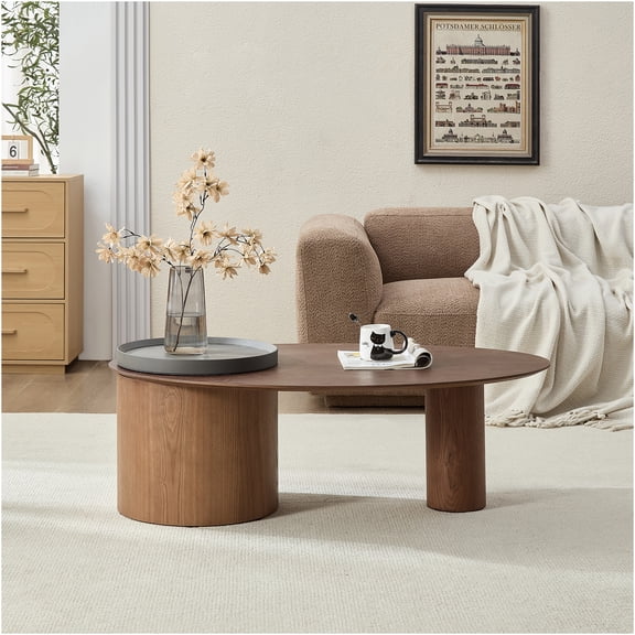JERFIT Modern Oval Coffee Table with Tray, Walnut & Gray MDF Console Table for Living Room, Compact Center Table with Matte Finish