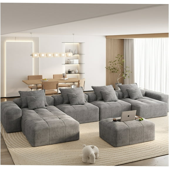 JERFIT Modern Oversized Modular Sectional Sofa with Pillows, No Assembly DIY Chenille Fabric, Grey Living Room Couch