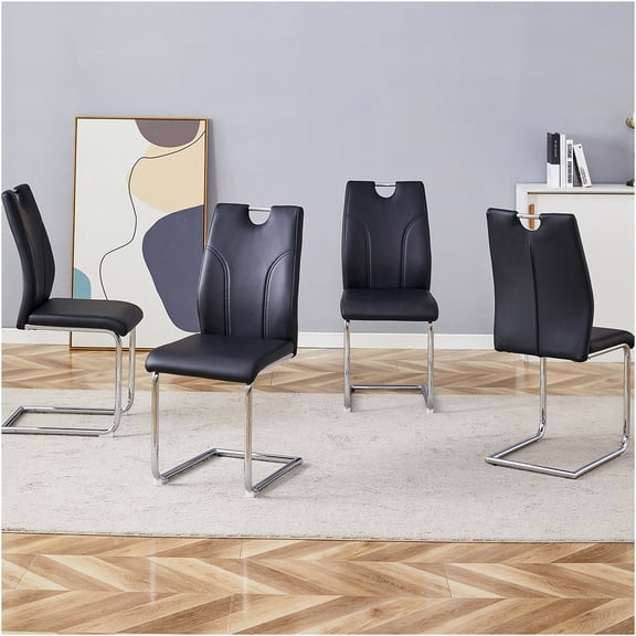 JERFIT Modern PU Dining Chairs Set of 4, Black Upholstered Side Chairs with Silver Metal Legs for Kitchen, Office, Restaurant