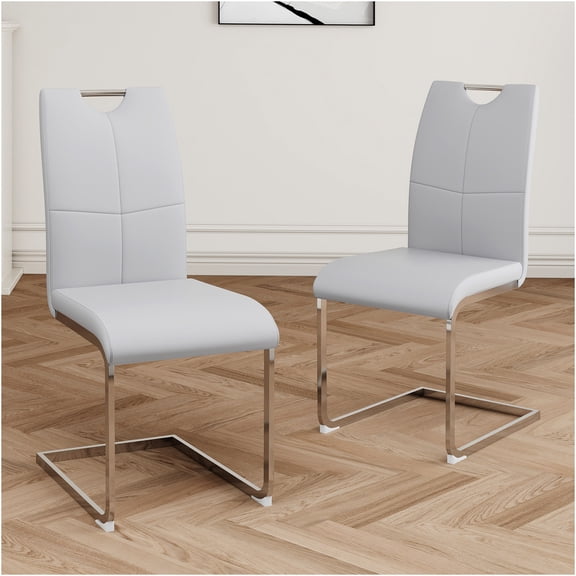 JERFIT Modern PU Leather Dining Chairs Set of 2, Upholstered Side Chairs with Chrome Metal Legs for Kitchen Dining Room, Grey
