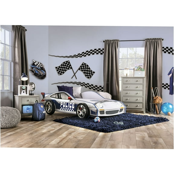JERFIT Modern Police Car Twin Bed with LED Lights, High Gloss Finish Metal Frame Structure