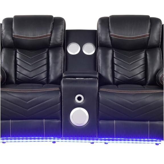 JERFIT Modern Power Recliner Loveseat with Bluetooth Speakers, USB Charging, LED Lights, and Storage Console in Black Faux Leather