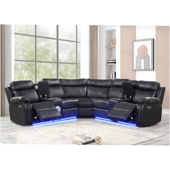 JERFIT Modern Power Recliner Sectional Sofa with Bluetooth Speaker, LED Lights, USB Charging, Cup Holders in Black Faux Leather for Living Room