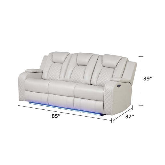 JERFIT Modern 3-Seater Power Recliner Sofa with LED Lights, USB Charging & Cup Holders, Faux Leather Upholstery, Beige for Living Room