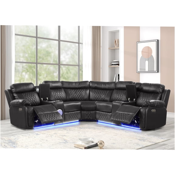JERFIT Modern Power Reclining Sectional Sofa with Bluetooth Speaker, LED Lights, Cup Holders for Living Room, Gray