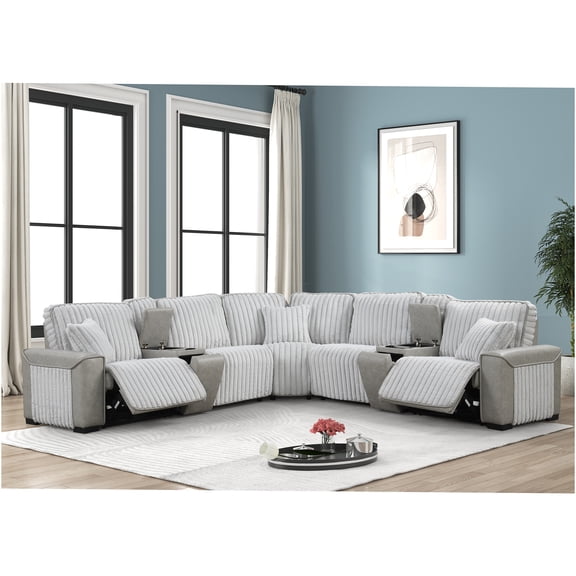 JERFIT Modern Power Reclining Sectional Sofa with Wireless Charger, Pull-Out Cup Holders, Plush Corduroy and Faux Leather Upholstery, Grey