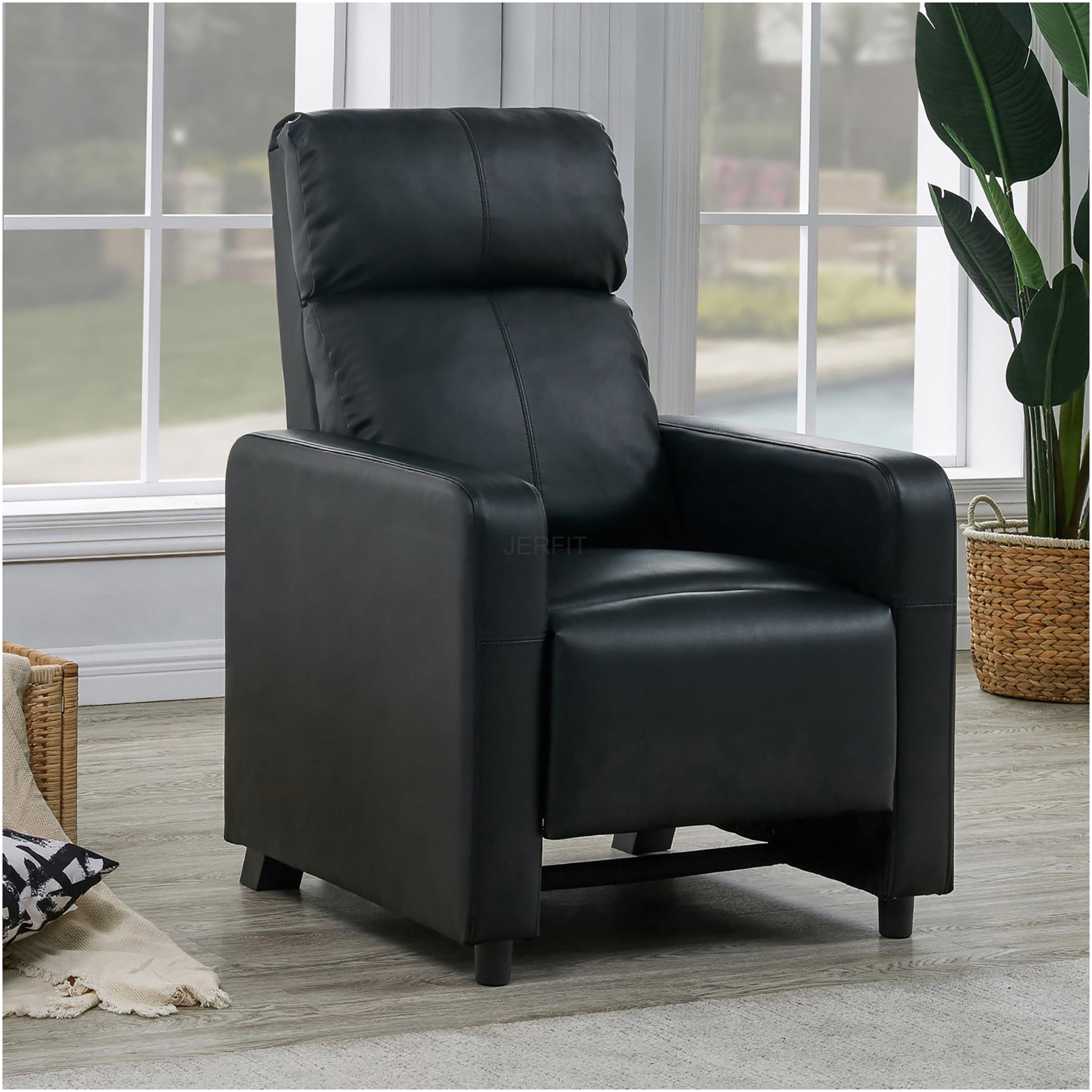 JERFIT Modern Push Back Recliner Chair - Black Faux Leather Upholstered Manual Reclining Chair for Living Room, Home Theater