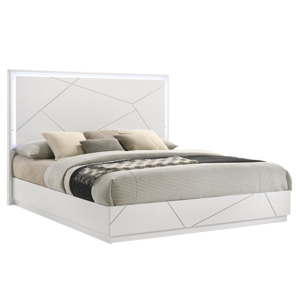 JERFIT Modern Queen Bed Frame with LED Headboard, High-Gloss White Finish, Geometric Design Platform Bed for Contemporary Bedrooms