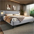 thumbnail image 1 of JERFIT Modern Queen Bed Frame with LED Lights, Shelves, Grey Linen Upholstered Platform Bed, No Box Spring Needed, 1 of 10