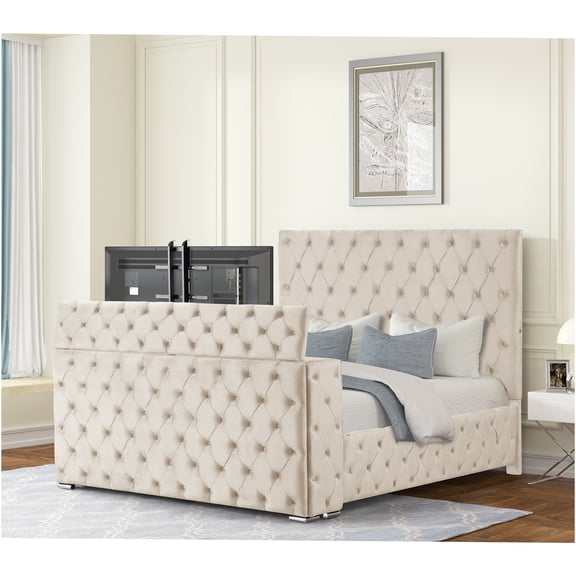 JERFIT Modern Queen Bed with Hidden TV Storage & Electric Fireplace, Velvet Upholstered Platform Bed Frame, Beige Tufted Bedroom Furniture