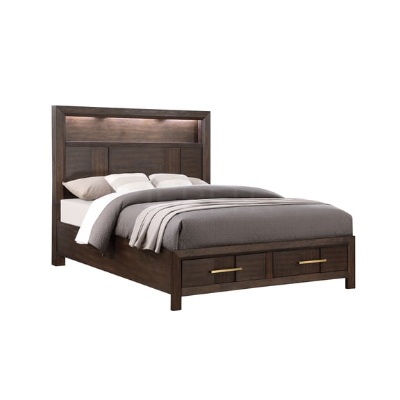 JERFIT Modern Queen Bed with LED Headboard, Bluetooth Speakers, USB Charging, Bookshelf Storage Drawer, Walnut Finish