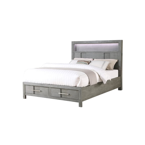 JERFIT Modern Queen Bed with LED Headboard, Bluetooth Speakers, USB Ports, Bookshelf Storage Drawer in Gray