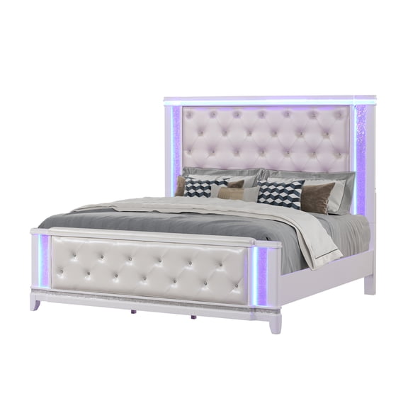 JERFIT Modern Queen Bed with LED Headboard, Tufted Upholstery and Crystal Accents, White Wood Frame, No Box Spring Needed