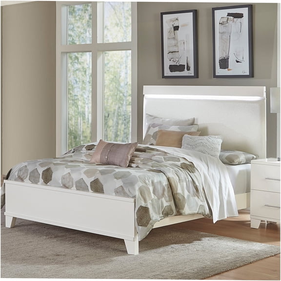 JERFIT Modern Queen Bed with LED Headboard, White Faux Leather Upholstered Platform Bed Frame, High Gloss Wooden Bedroom Furniture