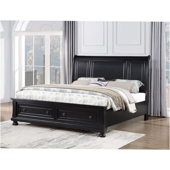 JERFIT Modern Queen Bed with Storage Drawers, Black Wood Platform Bed Frame with Footboard Organizer, Sturdy Dovetail Construction for Bedroom