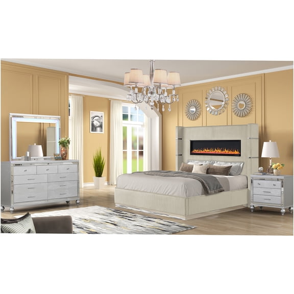 JERFIT Modern Queen Bedroom Set with LED Fireplace & Bluetooth Speakers, 4-Piece Upholstered Velvet Bed Frame Set with 9-Drawer Dresser, Nightstand, Mirror, Beige