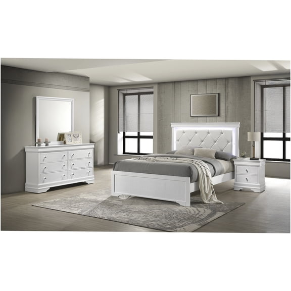 JERFIT Modern Queen Bedroom Set with LED Headboard, 4-Piece Upholstered Bed Frame, Dresser, Mirror & Nightstand in White